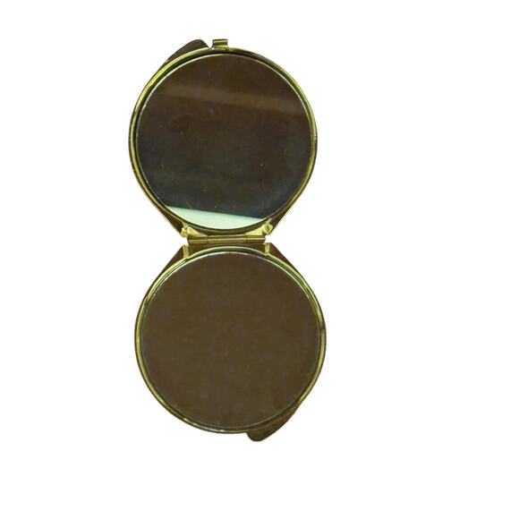 Vintage Compact Mirror Gold Tone Woodgrain Design Round Makeup Purse Accessory - Picture 3 of 5